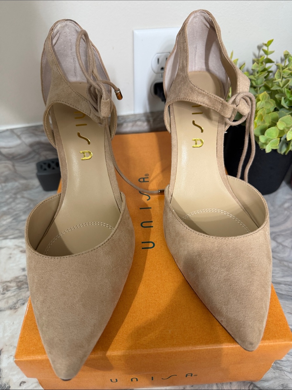 Unisa Tan Suede Pointed Toe Ankle Tie Pumps